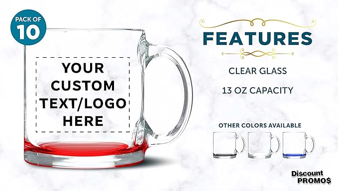 Custom Libbey Clear Glass Coffee Mugs 13 oz. Set of 10, Personalized Bulk Pack - Perfect for Coffee, Tea, Espresso, Hot Cocoa, Other Beverages - Red Bottom-CubbioJoy