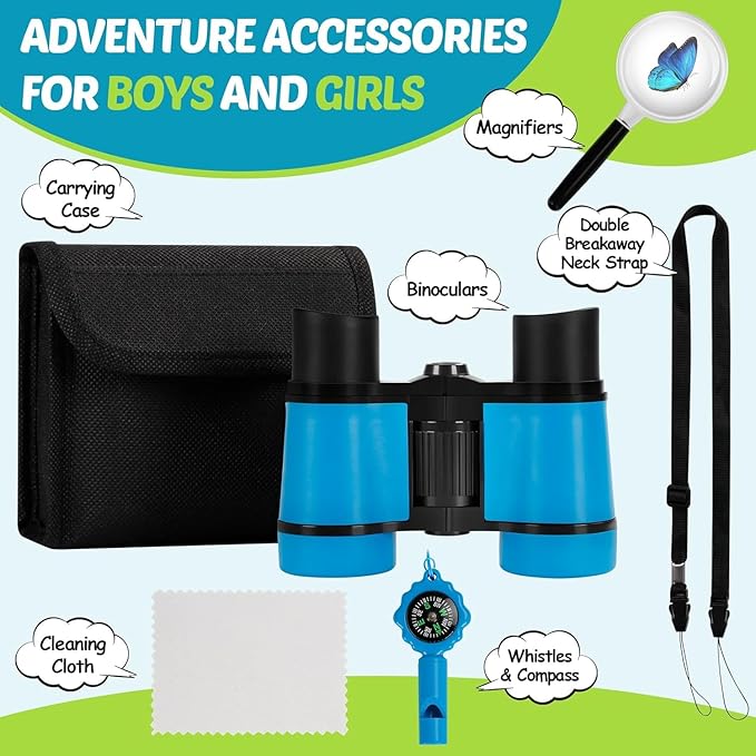 Binoculars for Kids, Kids Binoculars Toys for 3 4 5 6 7 8 Years Boys and Girls, Set with Magnifying Glass & Compass - Birthday Gifts Outdoor Toy for Kid Ages 3-8 Toddler Camping (Blue)-CubbioJoy