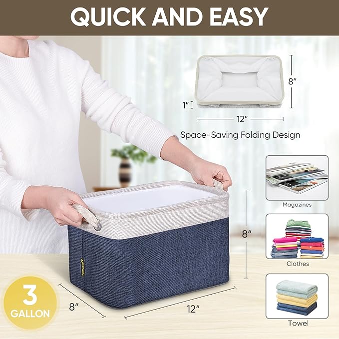 BALEINE 1 Pack Fabric Storage Bins for Shelves, Linen Storage Baskets for Organizing, Decorative Closet Bins for Clothes, Home (Navy Blue, 12"x8"x8")-CubbioJoy