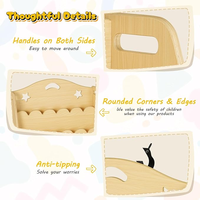 3-Tier Montessori Wooden Bookshelf for Kids, Toddler Book Rack Toy Organizer and Storage, Small Book Display Stand for Baby, Bookshelves Furniture for Classroom, Nursery, Playroom, Library-CubbioJoy