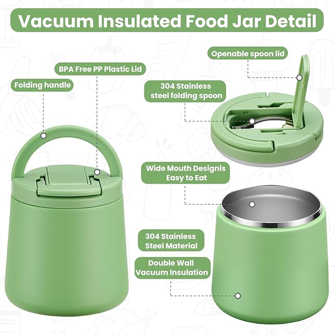 20oz Insulated Vacuum Food Jar with Buckle Lid,Soup Thermo for Hot Food Kids,Wide Mouth Leakproof Stainless Steel Lunch Container with Spoon-Green-CubbioJoy