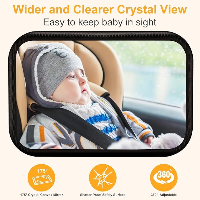 Baby Car Mirror for Rear Facing Seat - Clear View, Upgraded Hook Clip Design, 360 Rotation, Wide Crystal View, Shatterproof Crash Tested and Certified-CubbioJoy
