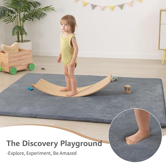 Baby Play Mat for Floor,Extra Large 79"×118" Tummy Time Mat,Thicker Memory Foam Mat for Toddler,Infant,Kids,Water Repellent Ultra Soft Coral Velvet,Non-Slip Backing Safe for Crawling(Dark Grey)-CubbioJoy