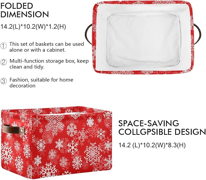Christmas White Snowflakes on Red Storage Basket Cube Storage Bins Organizer Bag Collapsible Closet Shelf Baskets with handle for Baby Cloth Pet Toy Book 14.2×10.2×8.3 IN-CubbioJoy