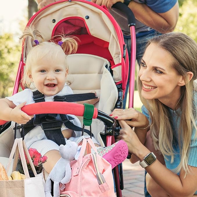 Baby Stroller Hooks Bag Hooks for Hanging Diaper Bags Multipurpose Hooks for Grocery Shopping Bags Premium Vegan Leather Pram Straps 2 Pcs (Green)-CubbioJoy