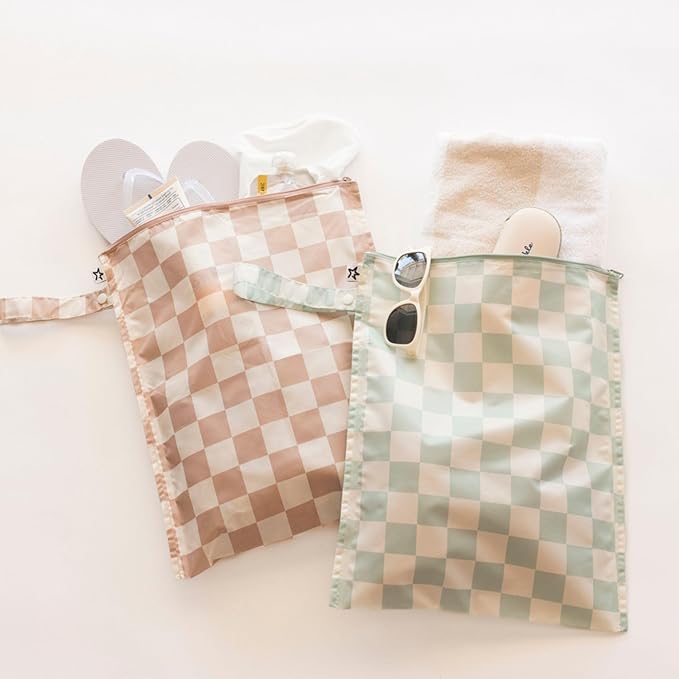 Tiny Twinkle Mess-Proof Waterproof Wet Dry Bag | 2-Pack Reusable Wet Bags for Swimsuits & Baby Clothes | Leakproof Wet Bag for Travel & Diaper Changes for Baby (Unisex Checkers)-CubbioJoy