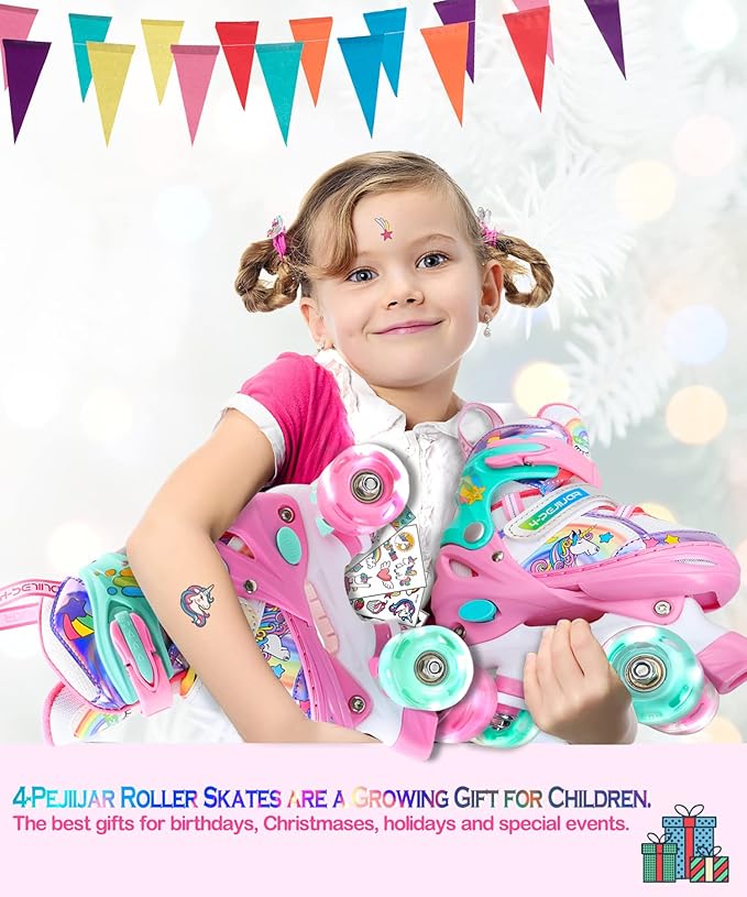 4-Pejiijar Rainbow Unicorn Kids Roller Skates for Girls Toddler Ages 2-4 5-8 8-12,Adjustable Roller Shoes with Luminous Wheels for Birthday Xmas Gifts-CubbioJoy