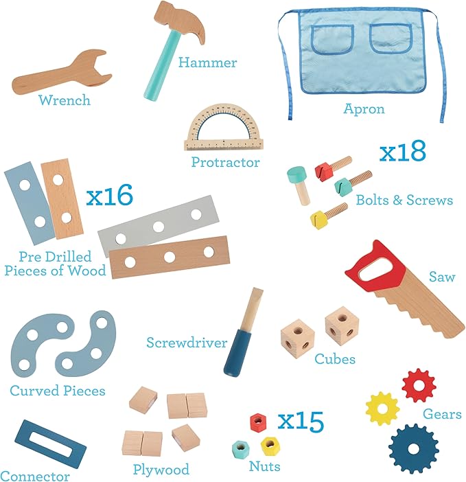 Construction Truck Wooden Playset w 60+ Toy Pieces- Pretend Hammer Saw Bolts & Screws- Spinning Turn Saw, Steering Wheel, Wood to Pull Apart- Dual Sided Play Stand Center, Workbench Building Kids Gift-CubbioJoy