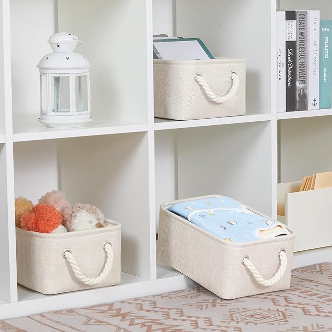 Bidtakay Small Storage Bins for Shelves 3 Pack Fabric Storage Baskets for Organizing 12x8x5 Inch Closet Storage Bins Linen Collapsible Organizer for Closet-Light Biege-CubbioJoy
