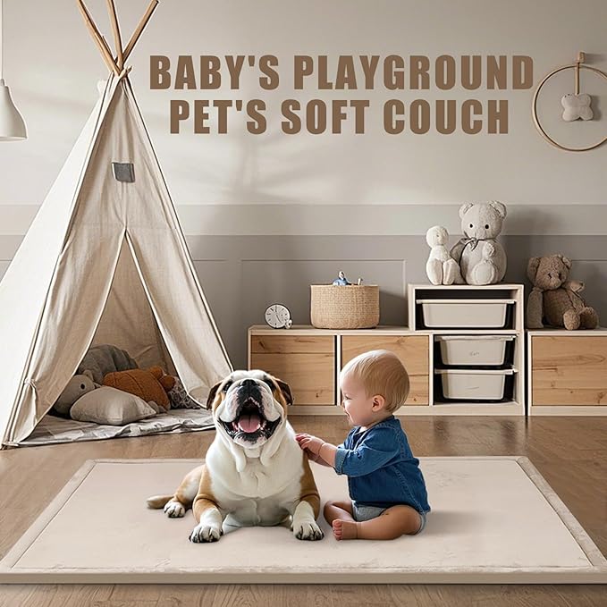 Baby Play Mat for Floor, 1.3" Thick Extra Large Cushioning Memory Foam Playpen Cushion, Soft Coral Velvet Tummy Time Mat with Non-Slip Backing, Child Nursery Rug for Toddlers, Kids (Beige, 79X59)-CubbioJoy