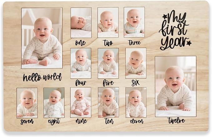 CHONIC My First Year Photo Board, 1st Birthday Gifts for Boy or Girls, 12 Month Pictures Frame for Baby First Year, One Year Birthday Decorations Milestone Sign, Wooden Baby Keepsake Gifts-CubbioJoy
