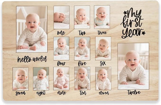 CHONIC My First Year Photo Board, 1st Birthday Gifts for Boy or Girls, 12 Month Pictures Frame for Baby First Year, One Year Birthday Decorations Milestone Sign, Wooden Baby Keepsake Gifts-CubbioJoy