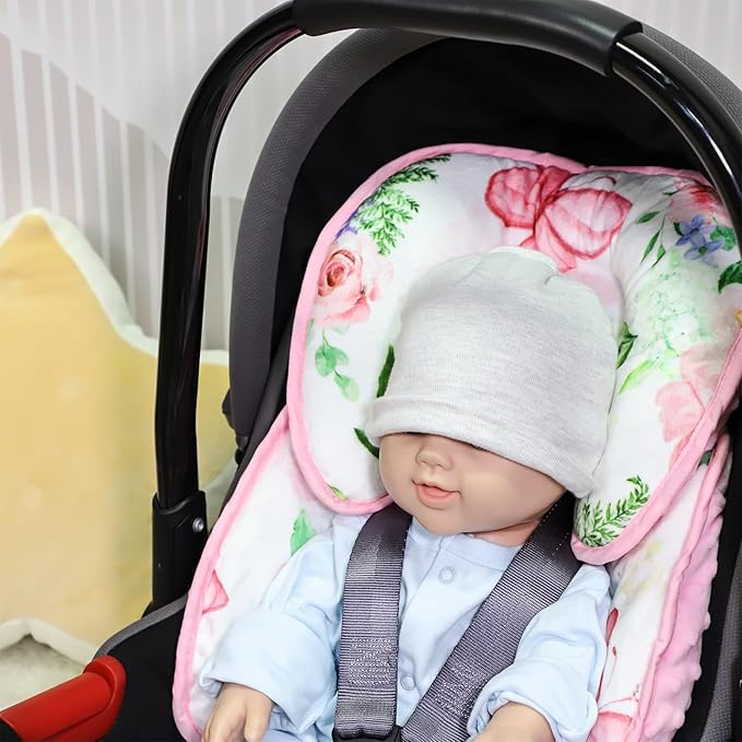 2 in 1 Infant Car Seat Insert, Adjustable Car Seat Head Support Baby Girls Boys, Soft Newborn Carseat Insert Cushion, Perfect for Carseats, Strollers, Swings (Pink Flower)-CubbioJoy