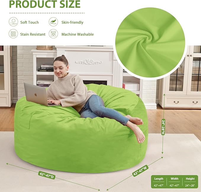 4FT Bean Bag Chair, Large Bean Bag Chairs with Memory Foam Filled, Fluffy Beanbag Sofa with Dutch Velvet Cover, Round BeanBag Chairs for Living Room, Playroom - Lime-CubbioJoy