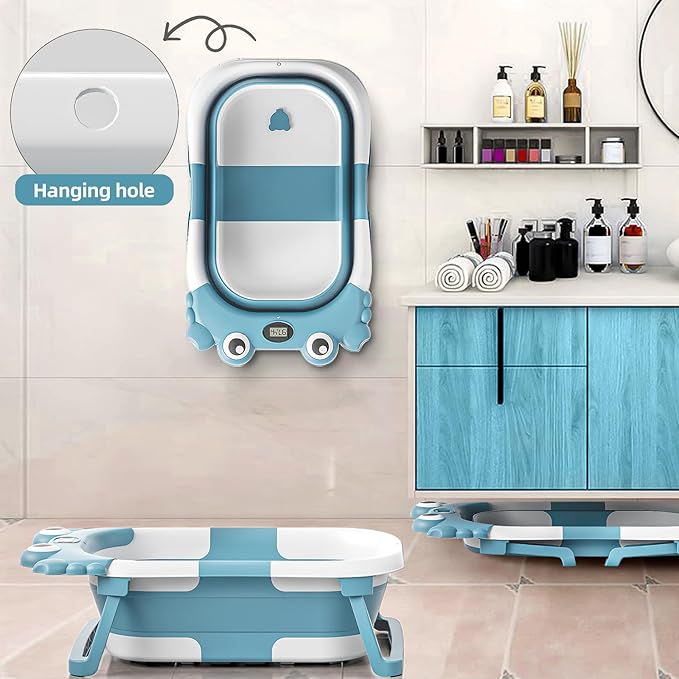 Collapsible Baby Bathtub for Newborns to Toddler with Real-time Temp Monitor & Floating Cushion,Portable Travel Tub for 0-36 Month, Foldable Baby Bath Tub for Infants Boy (Light Blue)-CubbioJoy