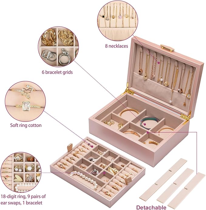 2-layer jewelry box，Jewelry Organizer with Handle，with hanging necklace hooks, detachable jewelry trays, suitable for storing a large amount of jewelry gift box (rose gold)-CubbioJoy