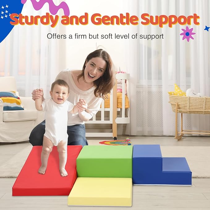 4-Piece PU Leather Baby Foam Climbing Blocks for Toddlers - Soft Play Climbing Toys for Toddlers - Foam Climbing Set for Crawling and Sliding Indoor (Red Yellow Blue)-CubbioJoy