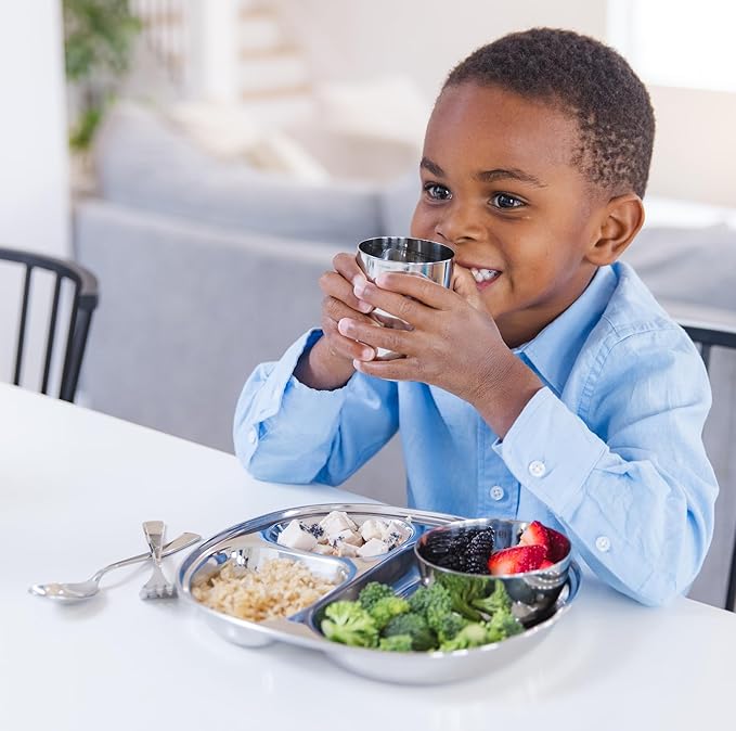 Ahimsa Stainless Steel Kids Plates - Divided Toddler Plates, Pediatrician Designed, Non Toxic Toddler Plate, Camping Plate, BPA Free & Dishwasher Safe (Single)-CubbioJoy