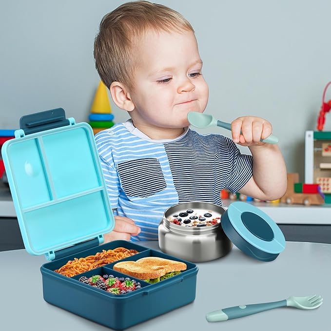 Bento Lunch Box for Kids with 8oz Soup Thermo&Lunch Bag, Leak-Proof Lunch Food Containers with 4 Compartment, Hot Food Insulated Food Jar for Kids School (Blue)-CubbioJoy