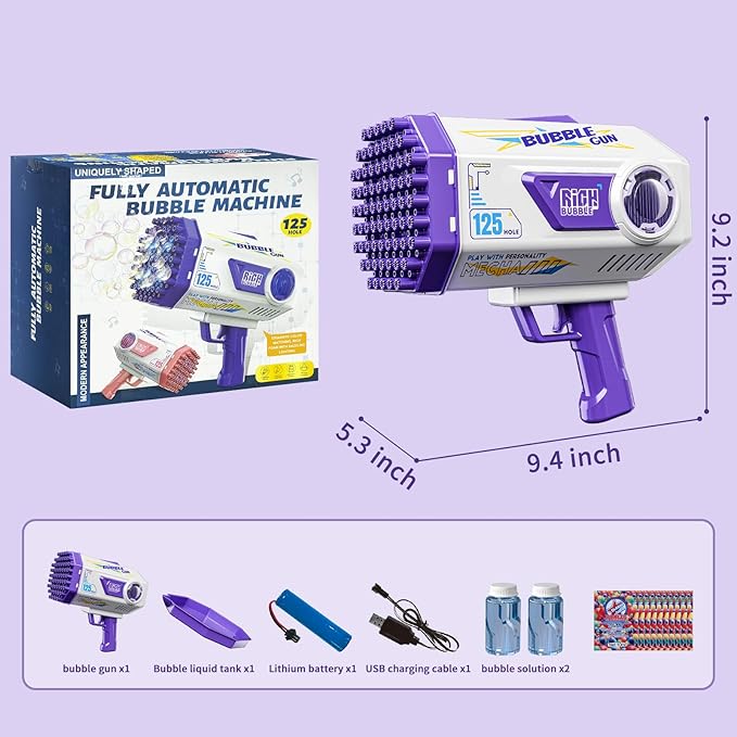 Bubble Gun, 125 Holes Bubble Machine Gun, Bubble Blaster Gun for Kids, Rechargeable Bubble Gun with Bubble Solution, Summer Toy Party Favors Bubble Maker for Wedding Birthday (Purple)-CubbioJoy