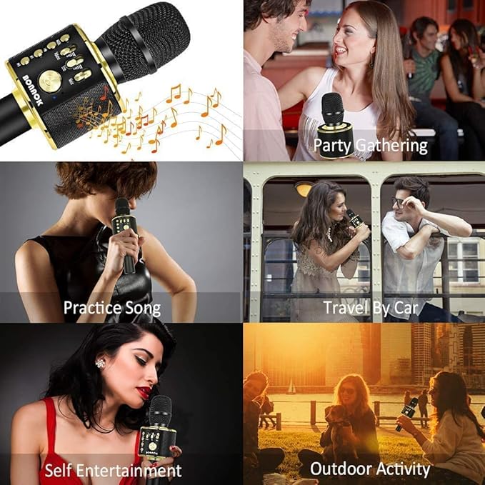 BONAOK Wireless Bluetooth Karaoke Microphone, 3-in-1 Portable Handheld Mic Speaker Machine for All Smartphones, Gifts to Girls Boys Kids Adults All Age Q37(Black Gold)-CubbioJoy
