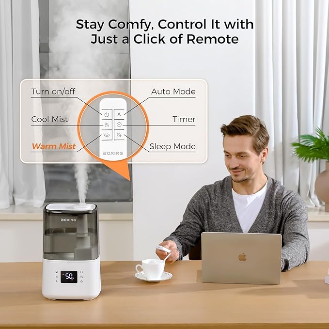BOXING Warm and Cool Mist Humidifiers for Bedroom Large Room Home, Air Humidifier with Remote, Top Fill Ultrasonic Diffuser Humidifier with humidistat,Quiet Sleep Bedside Nightstand,Timer,Filter,4.5L-CubbioJoy