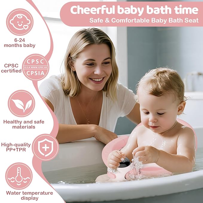 Baby Bath Seat-for Babies 6 Months & up, Water Temperature Display+Soft Cushion, Non-Slip Toddler Bath Seat for Baby, Sit Up Bath Seat for Baby, Pink-CubbioJoy
