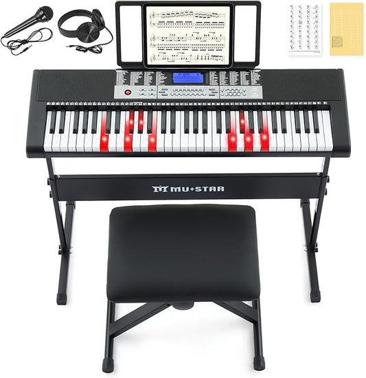 61 Key Piano Keyboard, Electric Keyboard Piano with Light-Up Keys, 255 Tones/Rhythms, Smart Learning System, Headphone, Microphone, Keyboard Stand, Stool, Stickers, Piano Keyboard Set for Beginners-CubbioJoy