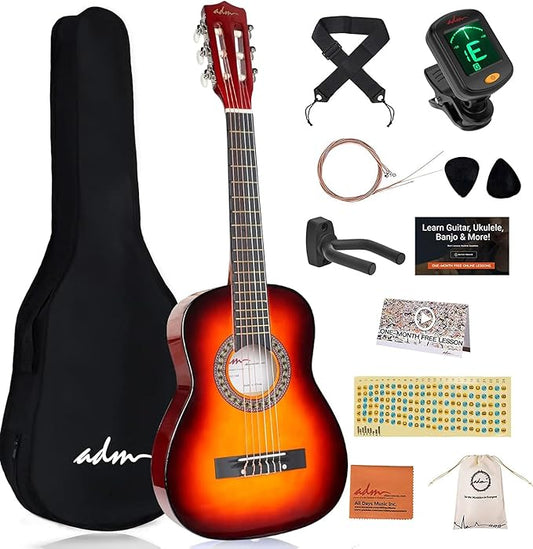 ADM Beginner Acoustic Classical Guitar 30 Inch Nylon Strings Wooden Guitar Bundle Kit for Kid Boy Girl Student Youth Guitarra Online Lessons with Gig Bag, Strap, Tuner, Extra String,Pick,Sunbrust 1-CubbioJoy