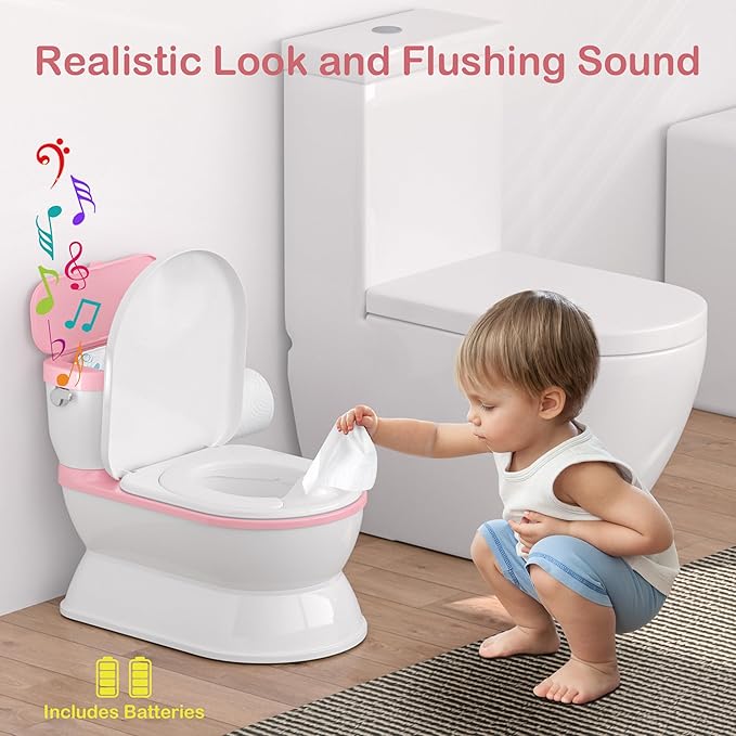 2-in-1 Toddler Potty Training Toilet - Larger Potty Chair & Detachable Training Seat for Boys & Girls Ages 1-3 with Flushing Sound, Wipes Storage, Toilet Paper Holder - Pink-CubbioJoy