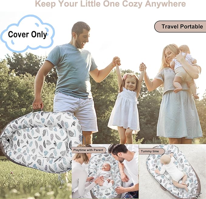 Baby Lounger Cover Only for Newborns, 100% Cotton Soft Portable Baby Nest Lounger Cover, Breathable Infant Lounger Replacement Cover, Lounger Pillow Cover Fit for Snuggle Me, Cover Only(Leaf Pattern)-CubbioJoy