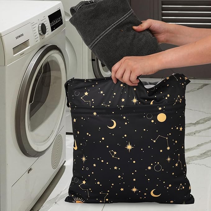 2pcs Travel Waterproof Laundry Bag, Cloth Diaper Wet Dry Bags with Handle & 2 Zipper Pockets, Reusable Washable Dirty Clothes Bag for Baby Adult Travelling Hanging, Bathing Beach Pool Daycare-CubbioJoy