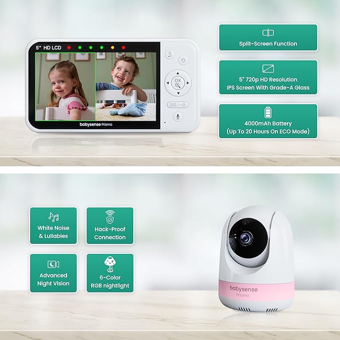 Babysense Prisma Baby Monitor with Camera and Audio, 5” HD Video Baby Monitor with 2 Cameras, 6-Color Night Light, Split Screen, Sound Machine with White Noise & Lullabies, Secure No WiFi-CubbioJoy