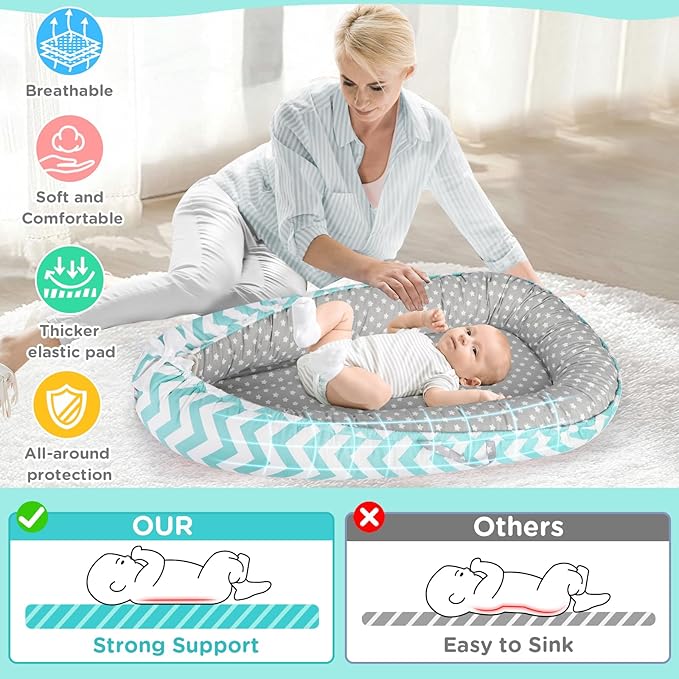 Baby Lounger - Baby Lounger for Newborn 0-24 Months, Breathable and Soft Cotton Cover Baby Nest, Portable Cozy Tummy Time Lounger for Home and Travel, Ideal Baby Essentials & Shower Gifts-CubbioJoy