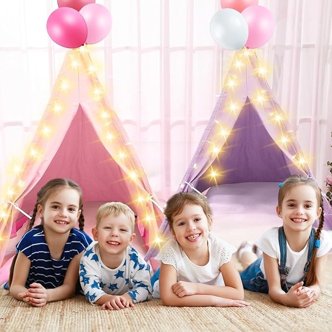 6 Pack Sleepovers Teepee Tent for Kids Bulk with Mattress Sheet Light,Natural Cotton Washable Indoor Play Tent for Birthday Slumber Party Girls Boys Pajama Movie Night Supplies(Pink, Purple, White)-CubbioJoy
