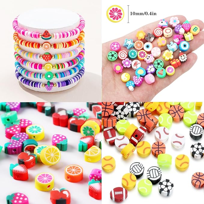 Christmas Gift Set,10000PCS Polymer Clay Beads Bracelet Making kit, Cute Fun Beads Fruit Flower Animal Cake Butterfly Heart Beads Charms for Jewelry Making DIY Accessories for Children Girls-CubbioJoy