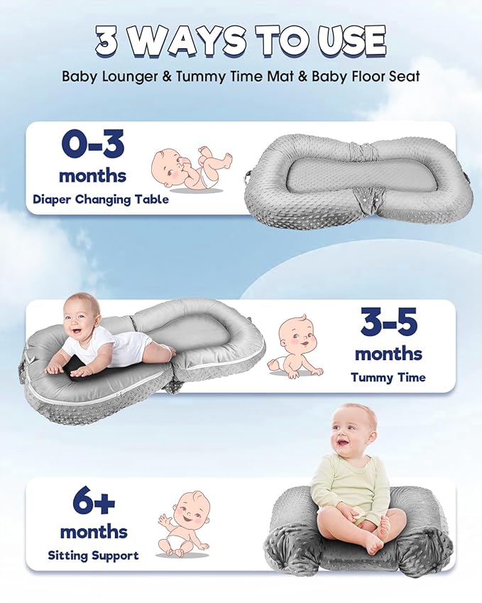 Baby Lounger Pillow : 3-in-1 Infant Lounger for Newborn 0-24 Months, Portable Tummy Time Mat for Home and Travel, Breathable & Soft Baby Seat for Baby, Babies Essentials Gifts, Grey-CubbioJoy