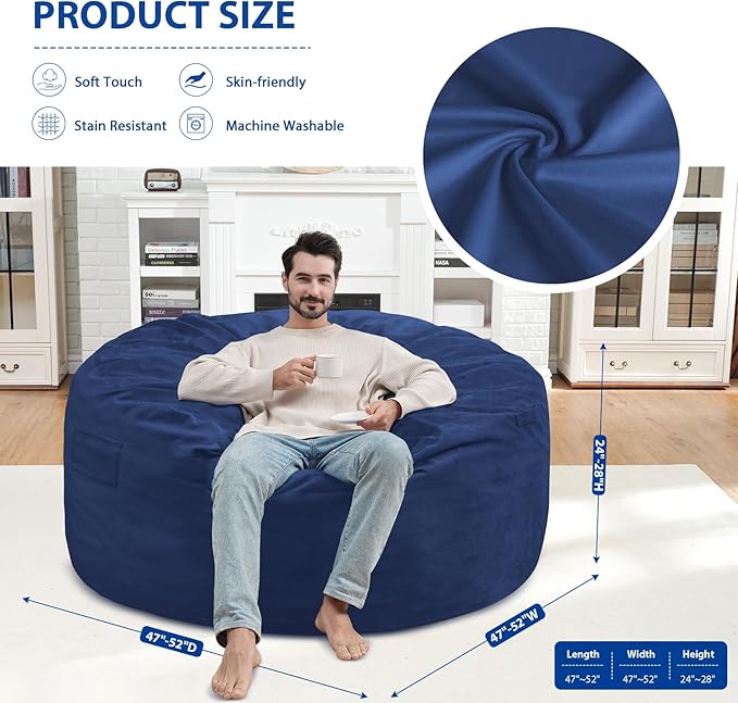 5FT Bean Bag Chair, Large Bean Bag Chairs with Memory Foam Filled, Fluffy Beanbag Sofa with Dutch Velvet Cover, Round BeanBag Chairs for Living Room, Playroom - Blue-CubbioJoy