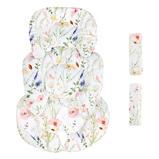 Infant Car Seat Insert, Car Seat Head Support Baby Girls Boys, Soft & Reversible Newborn Carseat Insert Cushion with 2 Strap Covers, for Stroller, Swing, Bouncer (White Wildflowers)-CubbioJoy