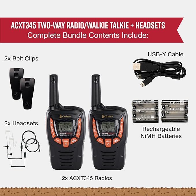 Cobra ACXT345 Weather-Resistant Walkie Talkies & Compatible Cobra Surveillance Headset - Rechargeable, 22 Channels, Long-Range, 2 Two-Way Radios, 2 Headsets, Black/Orange-CubbioJoy