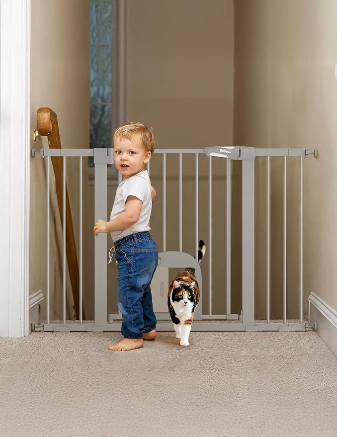 Babelio 29-48" Extra Wide Baby Gate with Adjustable Cat Door,Easy Install Pressure/Hardware Mounted,Auto Close Pet door for Stairs,House,Doorways,Effortless Walk Thru,Gray-CubbioJoy