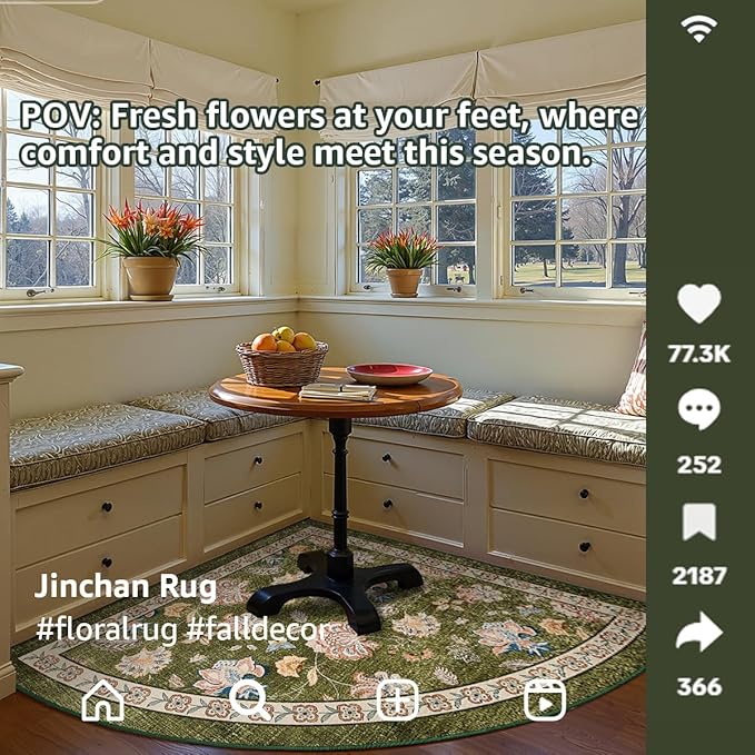 jinchan Floral Corner Rug for Living Room Washable Bedroom Rug Vintage Romance Design Non Slip Quarter Circle Lightweight Low-Pile Throw Carpet for Reading Nook Playroom,6ft Radius, Green-CubbioJoy