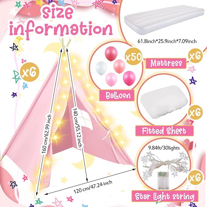 6 Pack Sleepovers Teepee Tent for Kids Bulk with Mattress Sheet Light,Natural Cotton Washable Indoor Play Tent for Birthday Slumber Party Girls Boys Pajama Movie Night Supplies(Light Pink)-CubbioJoy