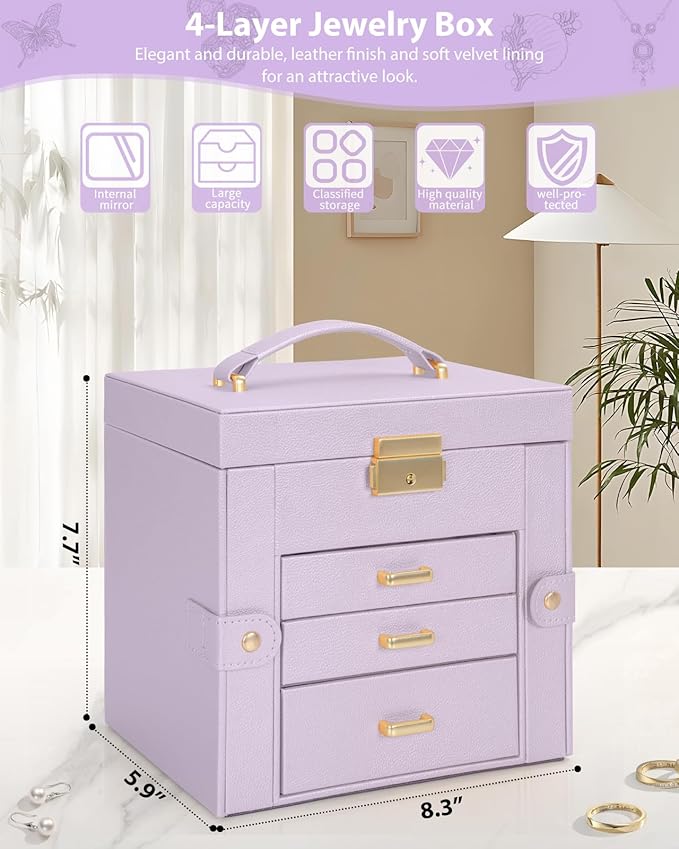 AKOZLIN 4-Tier Jewelry Box Leather Jewelry Storage Organizer with 3 Drawers Lockable for Women Girls Ring Necklace Earring Bracelet Holder with Mirror Purple-CubbioJoy