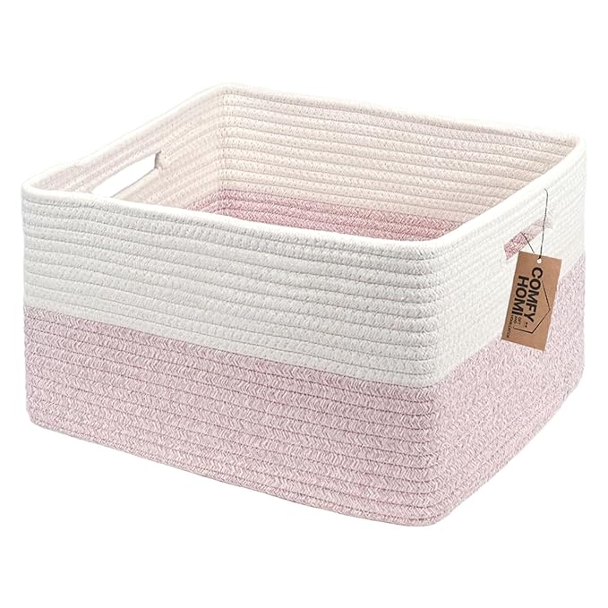 COMFY-HOMI Cotton Rope Woven Basket with Handles for Shelves,Toys,Book, Cloth Storage Baskets for Organizing-17" x 13" x 7.5" Toy Decorative Organizer for Living Room, Bathroom （white/pink）-CubbioJoy