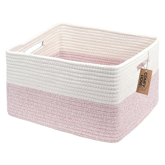 COMFY-HOMI Cotton Rope Woven Basket with Handles for Shelves,Toys,Book, Cloth Storage Baskets for Organizing-17" x 13" x 7.5" Toy Decorative Organizer for Living Room, Bathroom （white/pink）-CubbioJoy