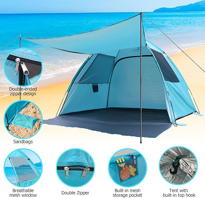 DLUCKY Beach Tent for 1/2/3/4/5/6 Person,Anti-UV Portable Sun Shade ShelterUPF 50+,Both Sides Extendable Floor,Extendable Awning,with 2 Ventilating Mesh Windows,Lightweight & Easy Setup.-CubbioJoy