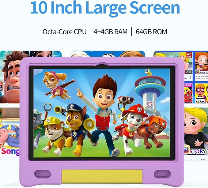 JREN Kids Table 10.1" ｜Android 14 Tablet for Kids｜64GB Storage｜Octa-Core｜WiFi ｜Cameras｜Parental Control｜Kids Content｜Case Included Great Gift for Children Ages 3-12 Years Old Purple-CubbioJoy