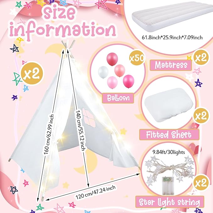 2 Pack Kids Teepee Tent with Mattress,Fitted Sheet,Light String,Washable Natural Cotton Toddler Play Tent for Girls Boys Indoor Outdoor Sleepover Slumber Birthday Party(White)-CubbioJoy