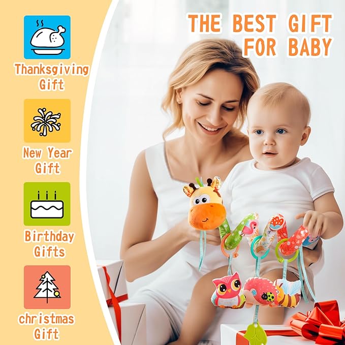 Jollybaby Crib Stroller Car Seat Toys for Baby 0-3-6-9-12 Months, Tummy Time Hanging Sensory Toys for Newborn with Music Box and Teether, Spiral Carseat Toy for Infant Boys Girls Gifts (Yellow)-CubbioJoy